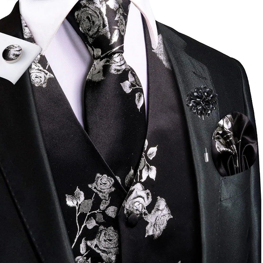 Navy Blue Mens Silk Vests Business Paisley V-Necl Waistcoat Tie Hanky Cufflinks Brooch Set for Men Suit Wedding Formal Hi-Tie