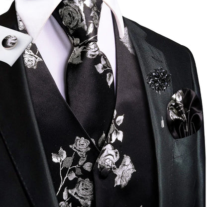 Navy Blue Mens Silk Vests Business Paisley V-Necl Waistcoat Tie Hanky Cufflinks Brooch Set for Men Suit Wedding Formal Hi-Tie