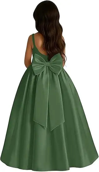 Long Ivory Satin Flower Girl Dresses for Wedding Bow Party Birthday Princess Dress Junior Bridesmaid First Holy Communion Gowns
