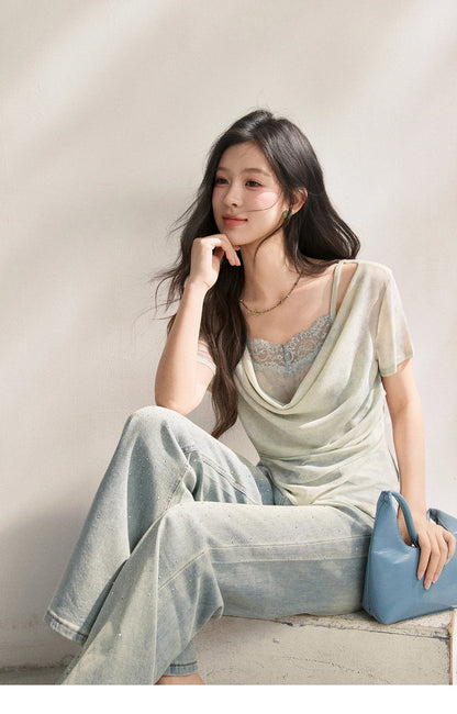 Blue Tie Dye T-Shirt For Women 2026 Summer New Swing Collar Lace Pleated Slimming Breathable French Style Top MXF22T1617