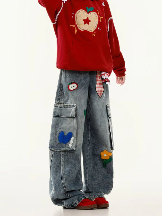 Embroidered Harajuku women's jeans American casual style retro straight leg high street wide leg pants Y2k loose jeans for womem
