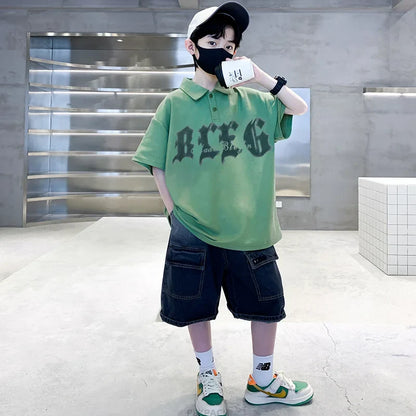 Korean Kids Boy Suit Summer Set Fashion Teenager Child Clothes Set Cotton Polo Shirt + Shorts 2pcs Outfits Tracksuit Costume