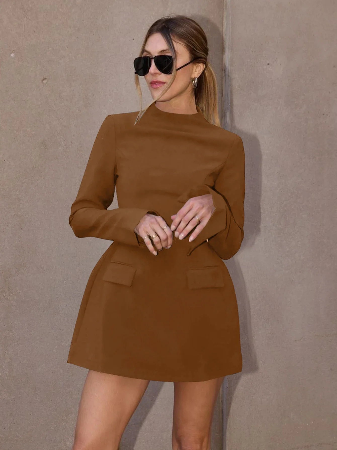 Long Sleeves Zipper Bodycon Mini Dress With Pocket Solid Elegant Outfit Office Streetwear Women’S Autumn Winter Clothes