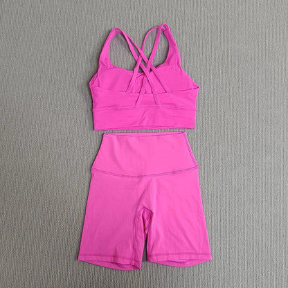 Women's 2-Piece Yoga Set Tights Shorts For Woman Cross Back Bra Top + High Waist Shorts Fitness Running Workout Tracksuit