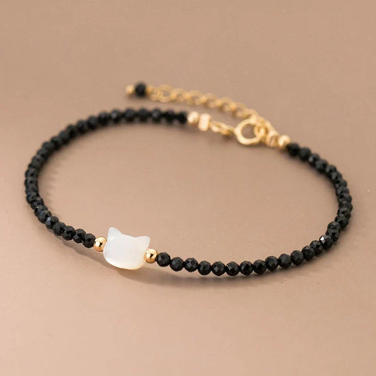 Bracelet vintage en argent sterling 925 avec cristaux noirs ronds, chaîne de chat mignonne, pour femmes, bijoux de fête, cadeaux