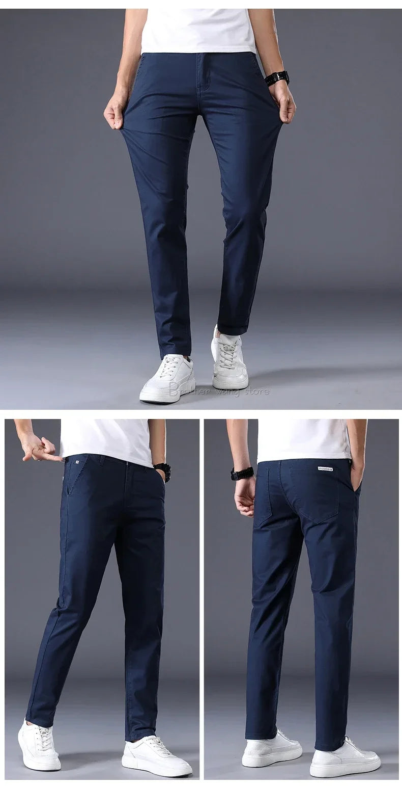 Summer Thin Men's Casual Pants Cotton 7 Colors Classic Style Elastic Straight Slim Fit Business Fashion Long Trousers Male
