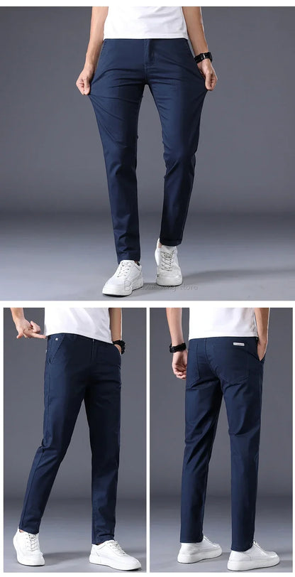 Summer Thin Men's Casual Pants Cotton 7 Colors Classic Style Elastic Straight Slim Fit Business Fashion Long Trousers Male
