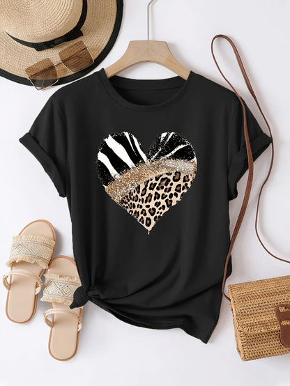 Women's Casual Short Sleeve with Leopard Print Zebra Stripe Heart Design Glitter Accent Casual Top Harajuku Short Sleeve Casual
