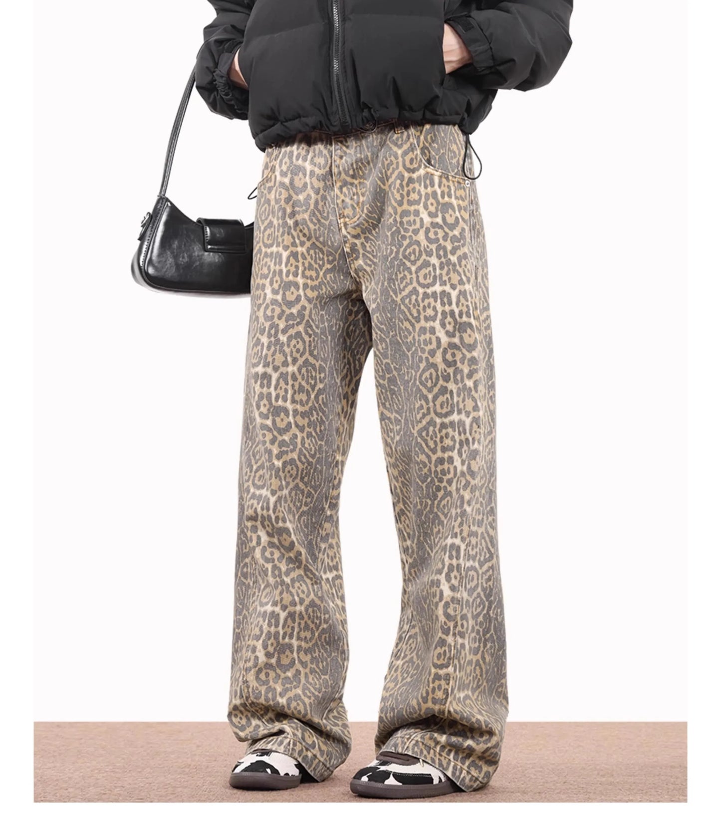 American Style Leopard Wash Jeans Women Y2K Retro Street Hot Girl Loose Casual Pants High Waist Straight Leg Jeans