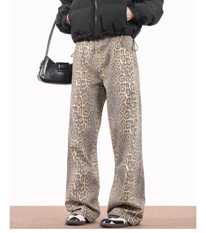 American Style Leopard Wash Jeans Women Y2K Retro Street Hot Girl Loose Casual Pants High Waist Straight Leg Jeans