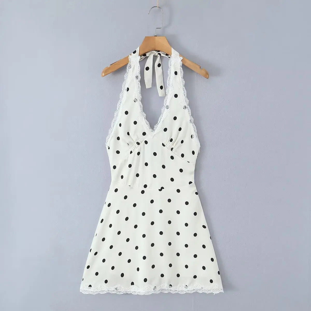 Lace Spliced Polka Dot Halter Dress Women Elegant A-line Mini Sexy Backless Dresses Summer Robe 2025