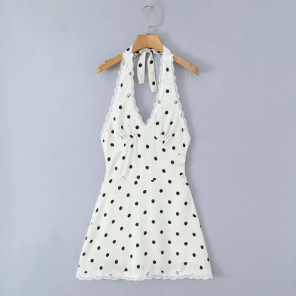 Lace Spliced Polka Dot Halter Dress Women Elegant A-line Mini Sexy Backless Dresses Summer Robe 2025