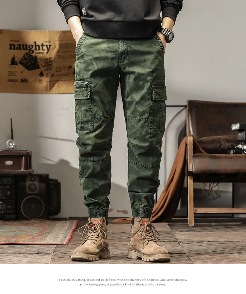 Length Men's Cargo Pant Cotton Stretch Casual Camouflage Trouser Male Camo Cuff Jogger Multi Zip Pocket Outfit Zipper Tied