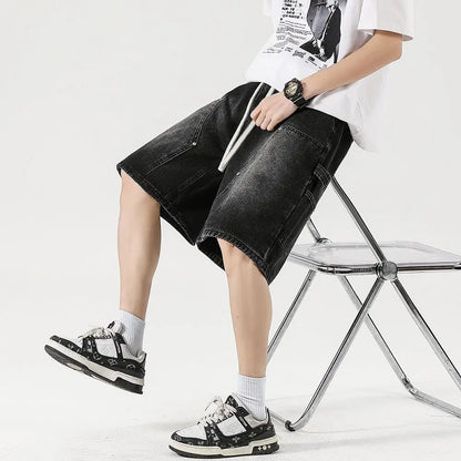 Fashion Streetwear Men's Denim Shorts Summer Loose Vintage Harajuku Splicing Hip-hop Cargo Moto Short Jeans Black Blue