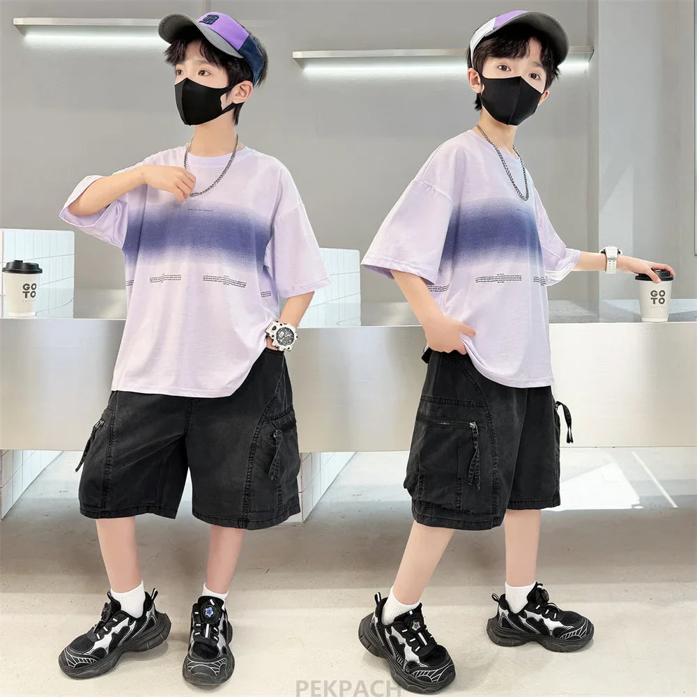 Luxury Children's Summer Clothing Top and Bottom Set For Boys 2PCS Cotton Outerwear Suit Kids School Clothes Tracksuit Age 5-14Y