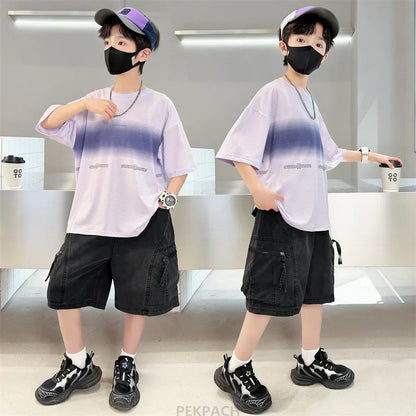 Luxury Children's Summer Clothing Top and Bottom Set For Boys 2PCS Cotton Outerwear Suit Kids School Clothes Tracksuit Age 5-14Y