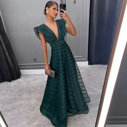 A Line Fuchsia Formal Dresses Pleat Sleeveless Prom Gown for Woman Deep V Neck Wedding Party Dress robe de bal Customized