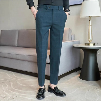 2026 Classic Men's Slim Fit Plaid Striped Casual Pants Fashion Business Slim Fit Suit Pants Formal Groom Wedding Dress Trousers
