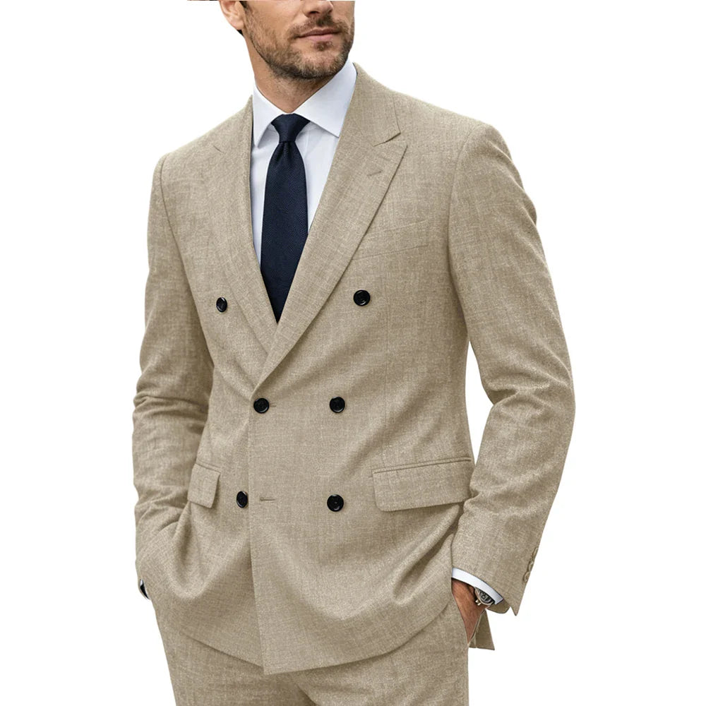 Men's Linen Suit Set  Double Breasted Slim Fit Peak Lapel Formal Blazer Pants Breathable Business Wedding Groom Tuxedo