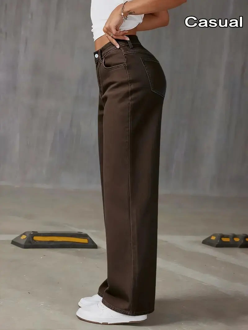 2026 New Brown Stretch Wide Leg Jeans Women High Waist Loose Straight Denim Pants Streetwear Casual Vintage Trousers