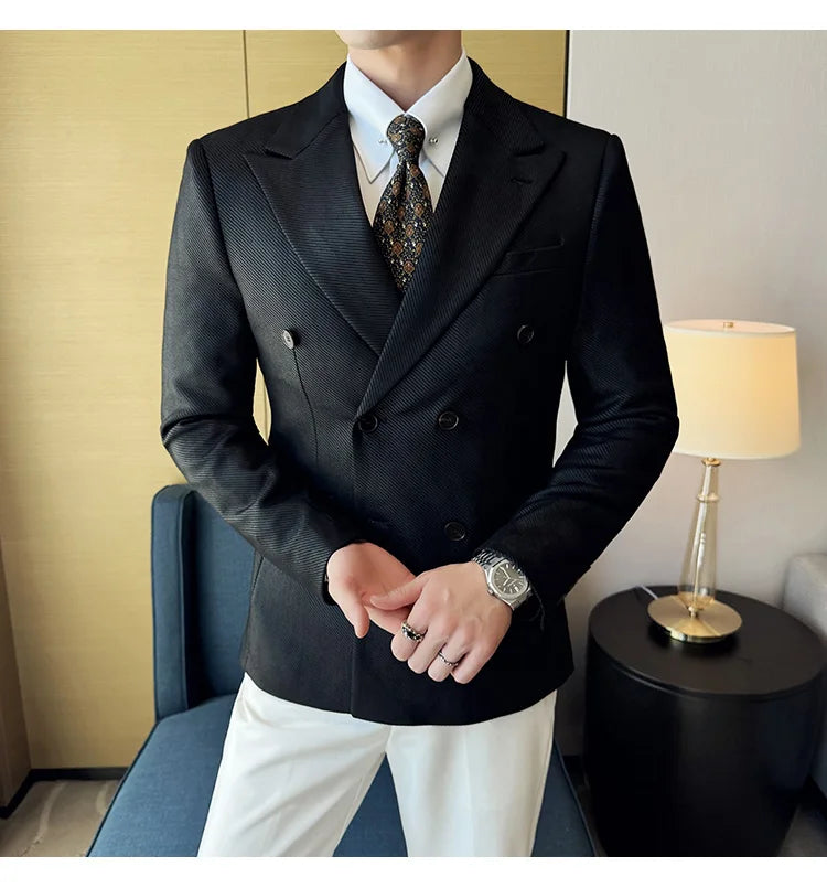 High Quality Men Double Breasted Blazer Suede Gilded Twill Slim Fit Business Social Formal Suit Jacket Tailcoats Men Clothes