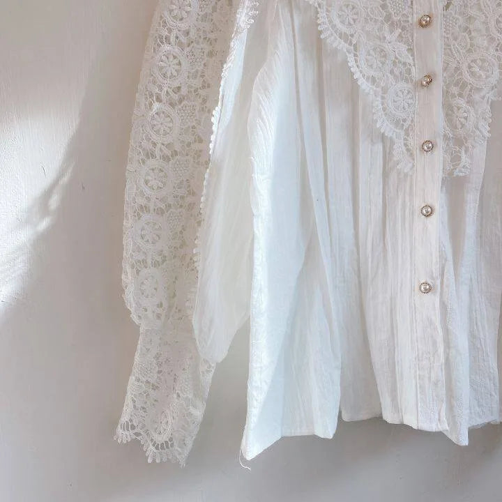 Vintage Solid White Lace Blouse Shirts Women New Korean Button Loose Shirt Tops Female Hollow Casual Ladies Blouses Blusas