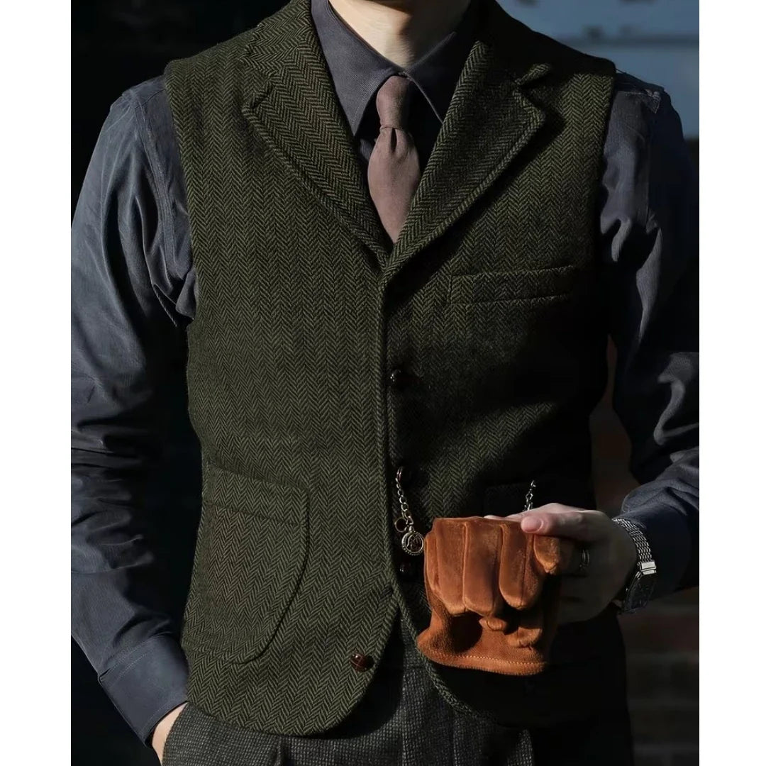 Men Vest Brown Herringbone With Lapel Single Breasted Waistcoat For Wedding Party Business Prom Work Daily Casual Men Suit Vest