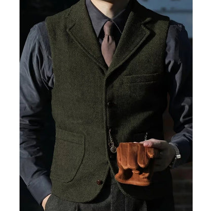 Men Vest Brown Herringbone With Lapel Single Breasted Waistcoat For Wedding Party Business Prom Work Daily Casual Men Suit Vest