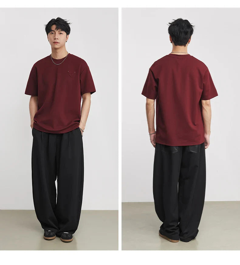 Men's Heavyweight 280g 2026 Summer New Cotton Solid Color Short Sleeve T-Shirt Crew Neck Triangle Label All-match Minimalist Tee