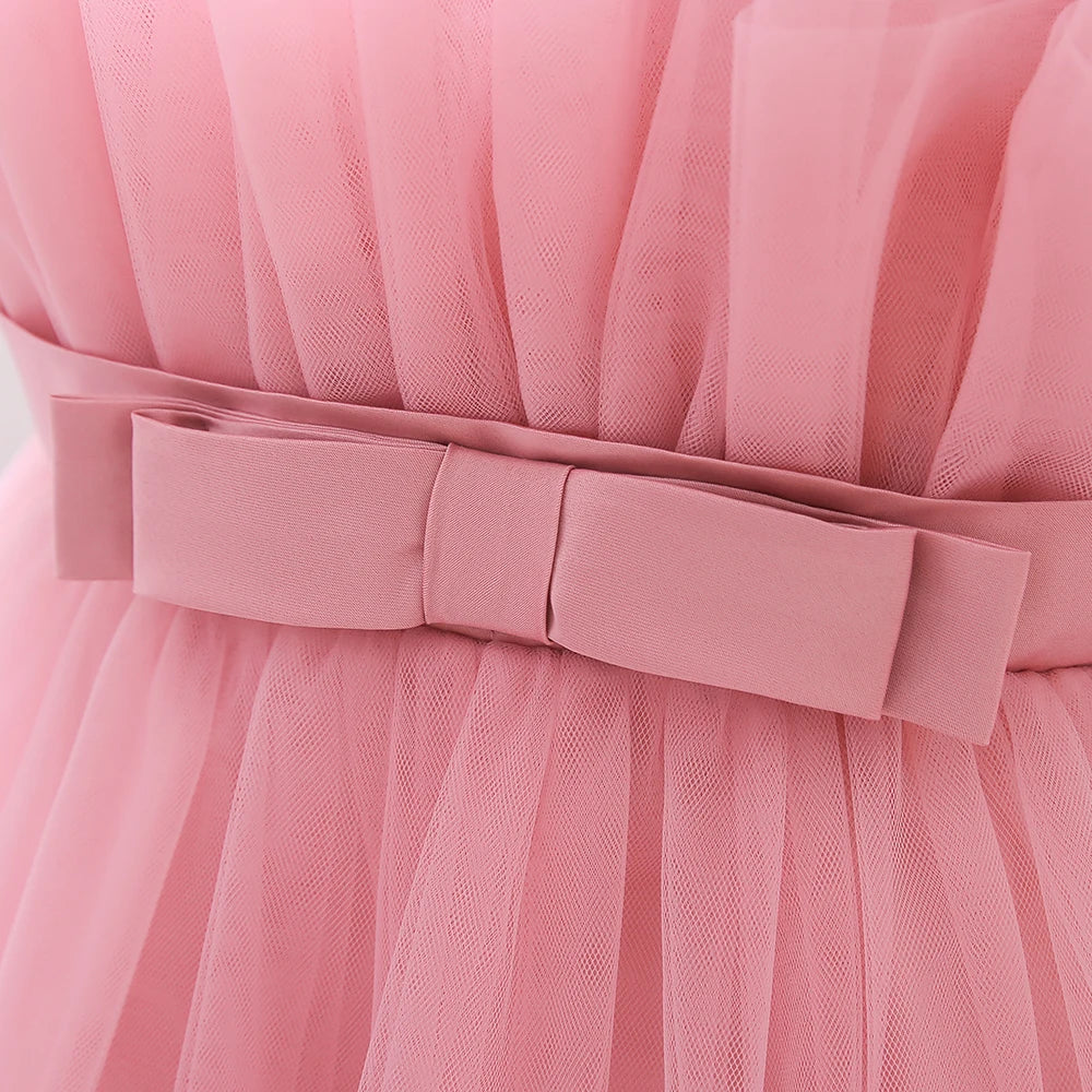 Elegant Ruffles Wedding Party Baby Girls Dress Tulle Pink Bow Bridemaid Princess Birthday Kids Dresses For Girl Evening Costumes