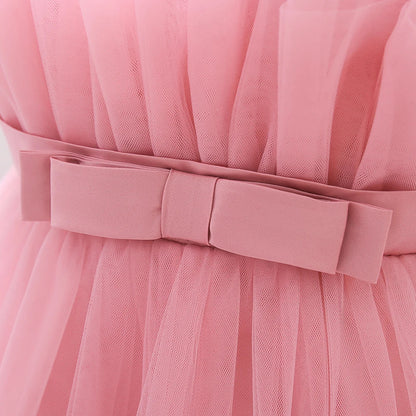 Elegant Ruffles Wedding Party Baby Girls Dress Tulle Pink Bow Bridemaid Princess Birthday Kids Dresses For Girl Evening Costumes