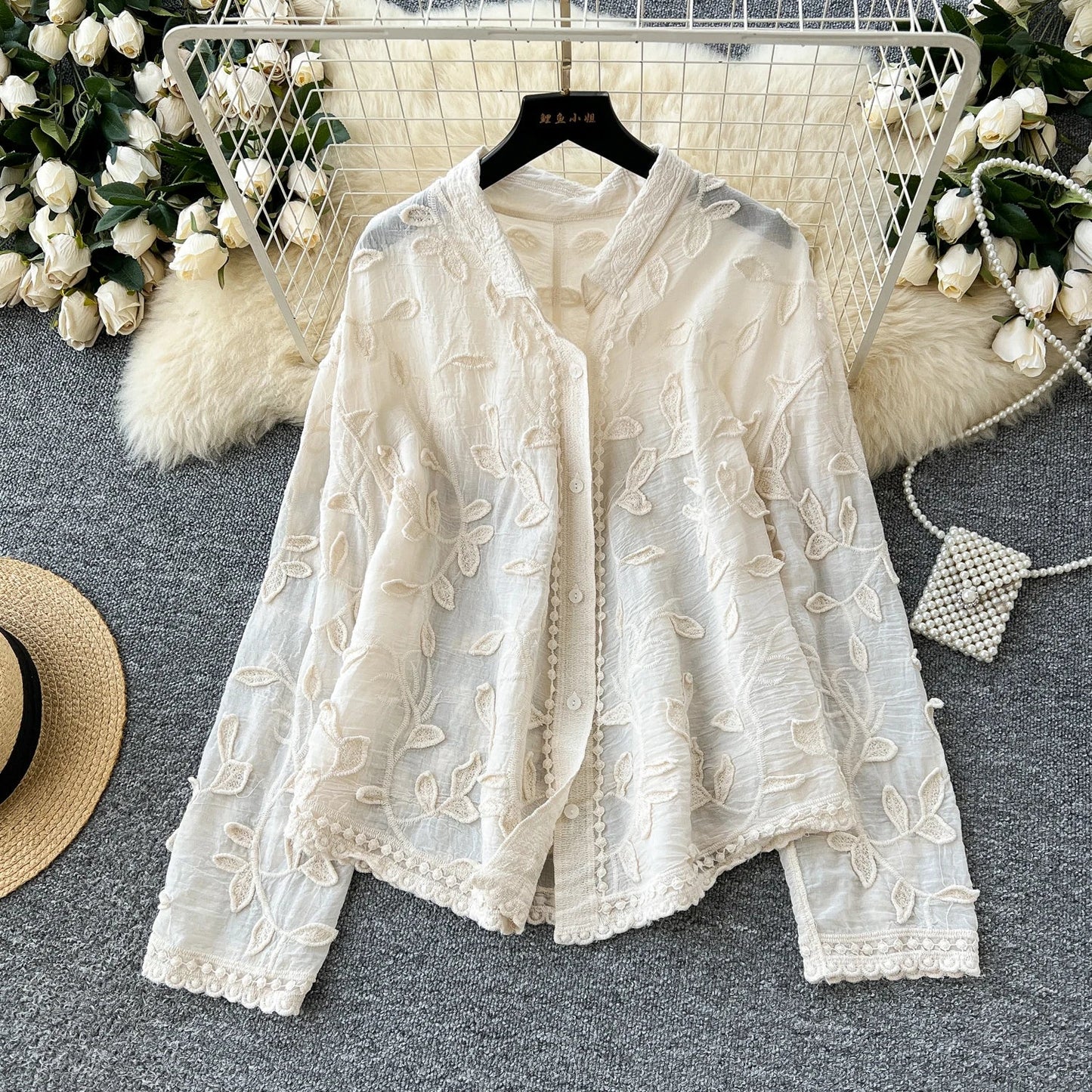 2025 Spring Gentle Women Blouse Leaves Embroidery Single Breasted Long Sleeves Summer Thin Streetwear Casual Shirt