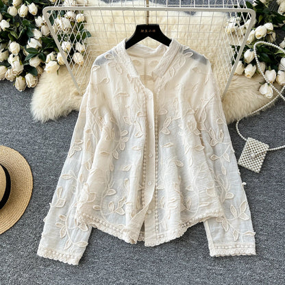 2025 Spring Gentle Women Blouse Leaves Embroidery Single Breasted Long Sleeves Summer Thin Streetwear Casual Shirt