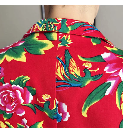 2026 Thin Men's Black Printed Suit Jacket, Asian Size V-Neck Single Button Blazer, Red Nostalgic Style Long Sleeve Cotton Coat.