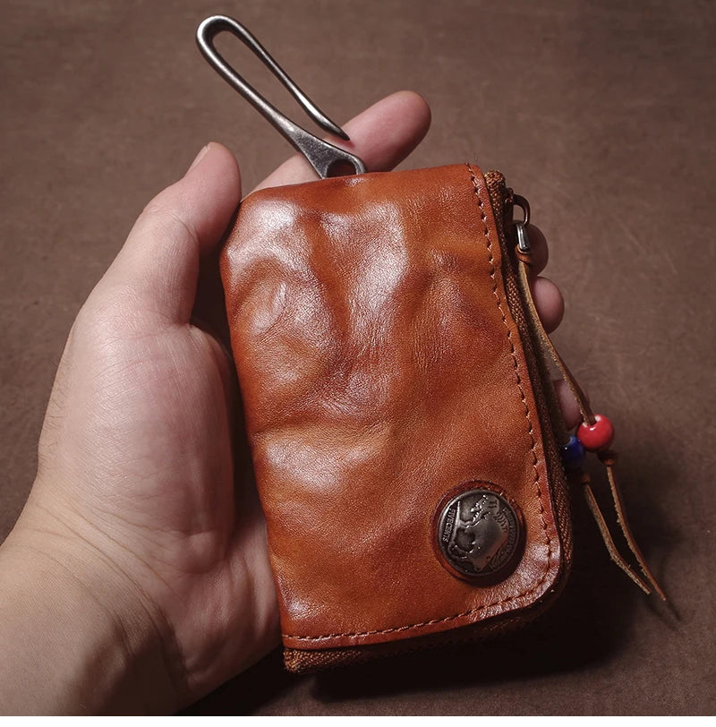 High Quality Genuine Leather Home Car Key Bag Retro Men Handmade Top Cowhide Coin Purse Women Zipper Mini Wallet Card Holde