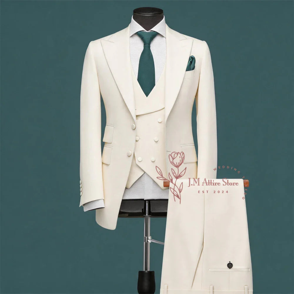 Light Green Men’s Suit Slim Fit Peak Lapel Jacket Double Breasted Vest Pants Wedding Formal 3 Piece Party Set For Groomsmen