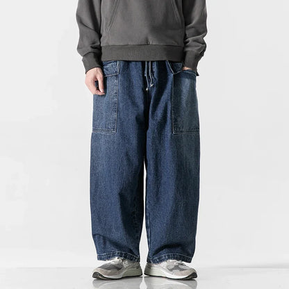 2023 Men Straight Denim Pants Men Blue Jeans Loose Trousers Male Causal Oversize Wide Leg Pants Elastic Waist Black Jeans
