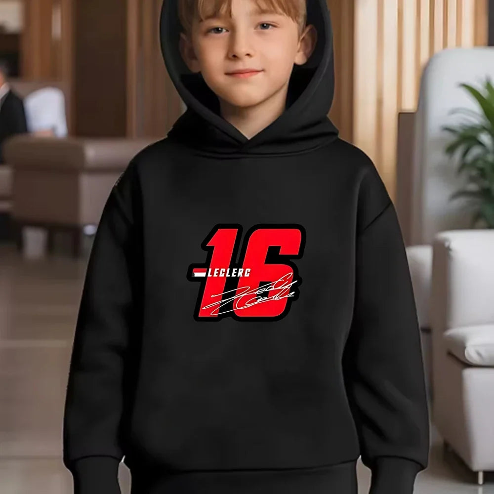 Children Hoodie Racing Sports driver number 16 Boys Girls Print Pullover 3-12Yrs Coat +Pants Toddler Clothes Leisure Black Set