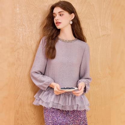 Lace Women's Blouses 2025 Autumn New Sweet Long Sleeve Shirt Top Round Neck Pullover Patchwork Pleated Elegant Shirt