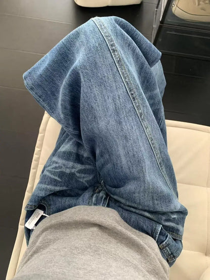 Chic American Street Style Vintage Curved Hem Jeans Women Edgy Design Loose Fit Slimming Wide Leg Floor Length Denim Pants
