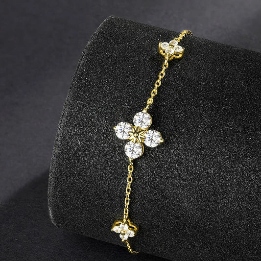 Trèfle chanceux, bracelet en moissanite avec diamant, certifié GRA, 1,2 ct au total, couleur D, pour femme, en argent 925 plaqué or 18 carats, maillons faits à la main