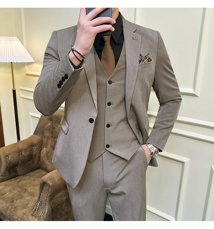 S-7XL Jacket Vest Pants Luxury Elasticity Boutique Fashion Men's Solid Color Casual Business Suit 3-piece Sets Groom Wedding