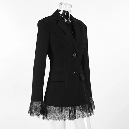 Elegant Lace Blazer Coat Women Fashion Office Lady Full Sleeve Single Breasted Jackets 2025 New Autumn Black Casual Slim Coats
