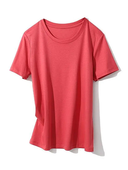 Women Solid T shirts, Silk Cotton Blend, O Neck, Short Sleeved Solid Tee,2025 Summer Candy Colors Basic Cozy Top Green