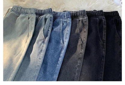 Casual Jeans Men's Baggy Straight Elastic Waist Drawstring Korea Fashion Male Vintage Denim Trousers Streetwear 3XL