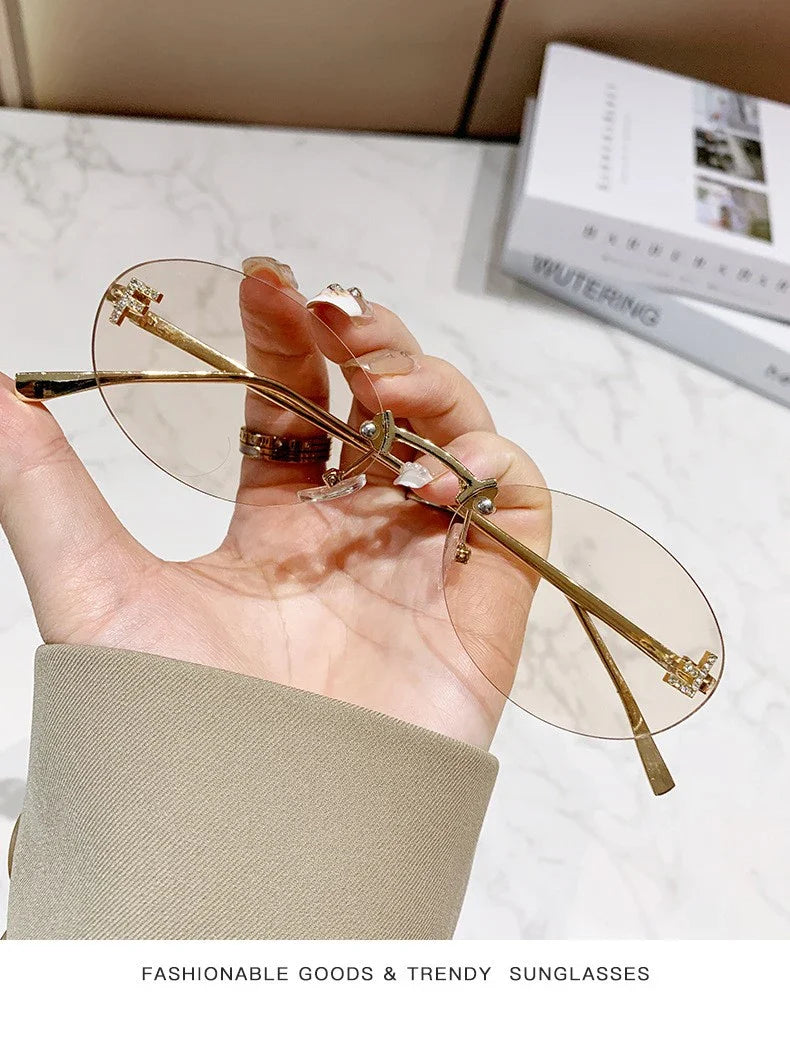 Elegant Diamond Oval Sunglasses Male Letter "F" Rimless Sunglasses  Car Sunglasses  Driving Glasses Sunglasses Women