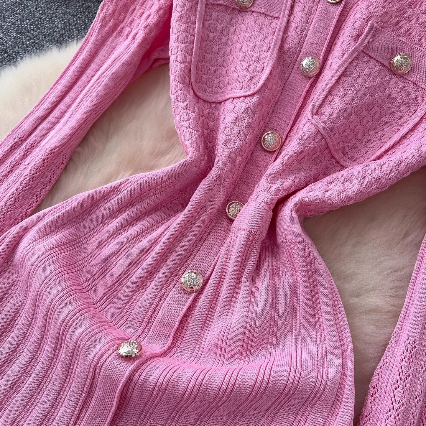 Brand Fashion Aesthetic Patchwork Knitted Maxi Dress Autumn Winter Women Luxury Shirt Sweater Dress Office Lady Vestido