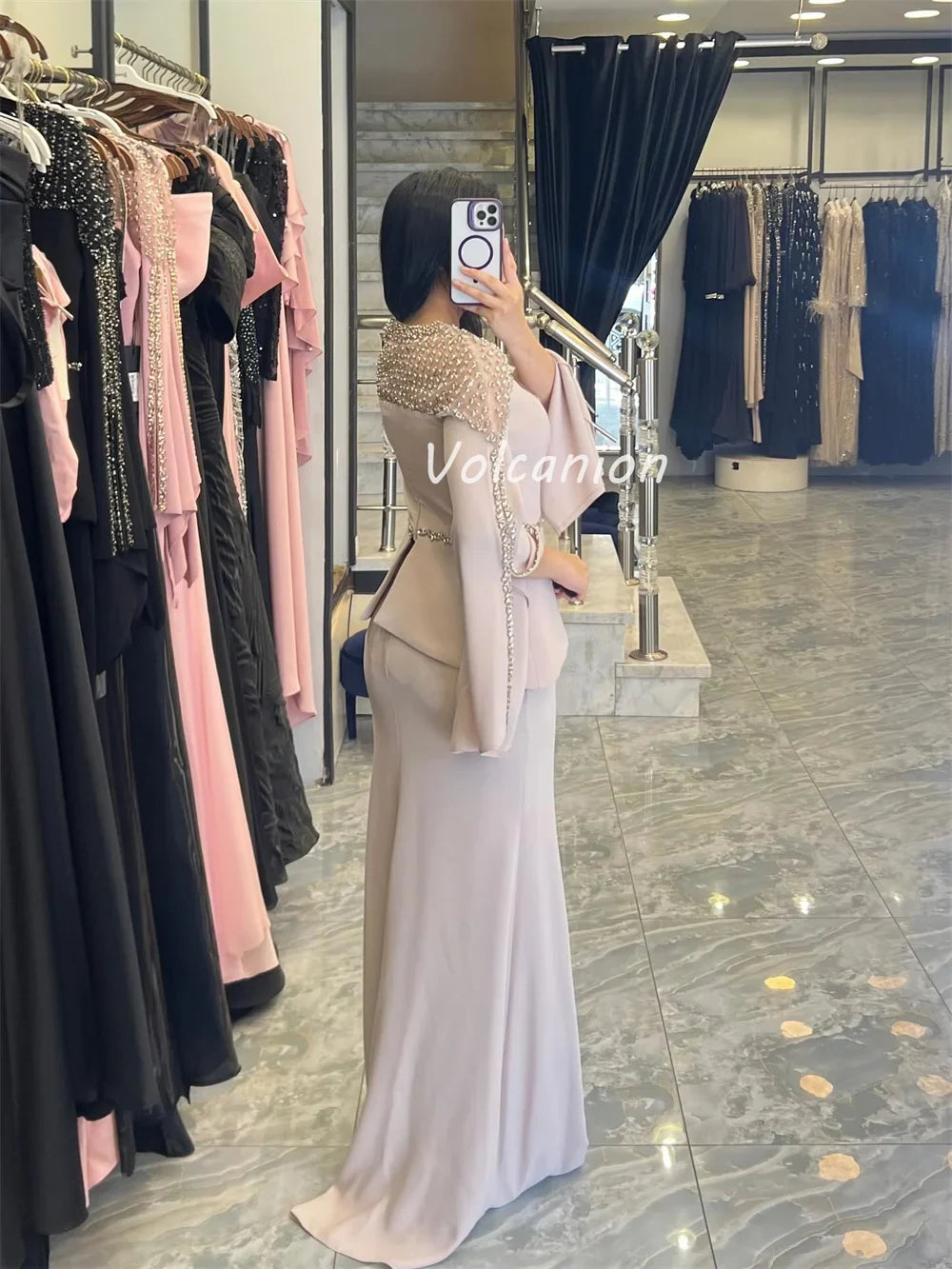 Customized High Quality Classic Jersey Beading Sequined Straight Scoop Neck Long Dresses Bespoke Occasion Dresses Exquisite