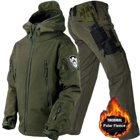 Winter Outdoor Work Sets Mens Field Training Jackets Multi-Pocket Fleece Cargo Pants Tactical Waterproof Camping Tracksuits Set