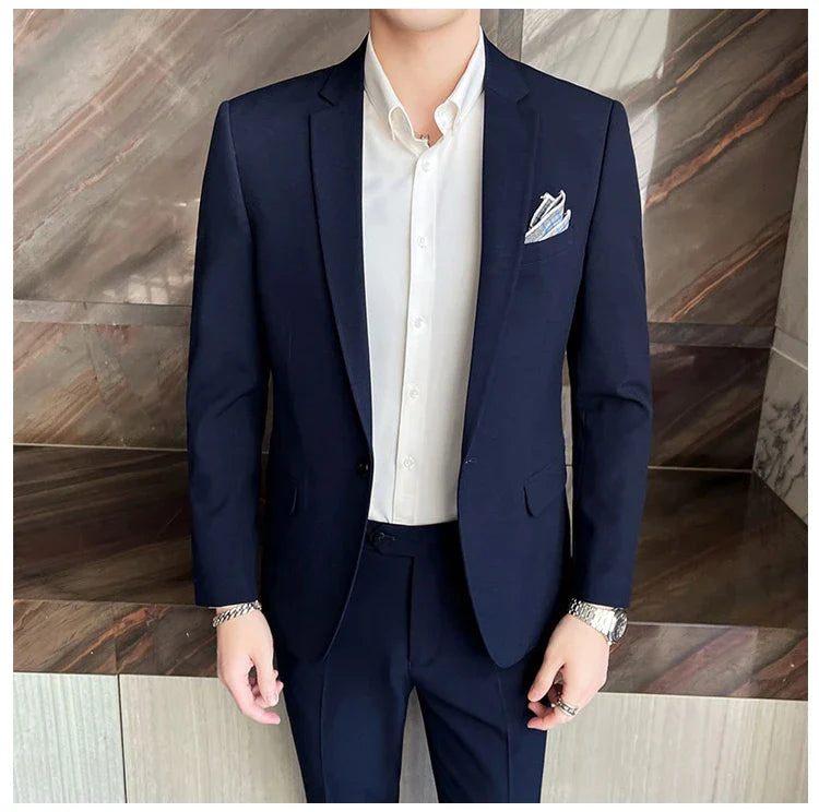 Men's Stylish Handsome Solid Color Suit Two-Piece Set M-4XL High Quality Formal Casual Banquet Fit Trousers Included
